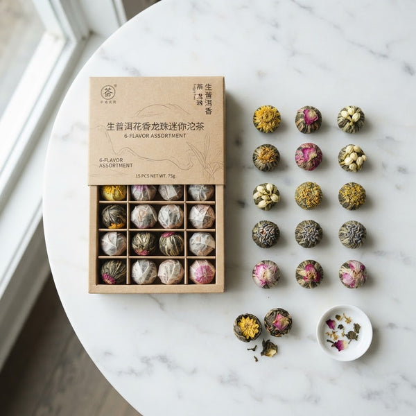 Raw Pu'er Mini Tuocha, Dragon Pearls with Flowers (6-Flavor, 15pcs box)